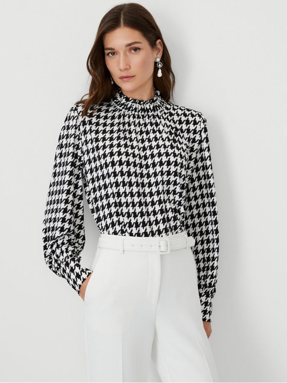 Ann Taylor Black & White Houndstooth Ruffle-Neck Top